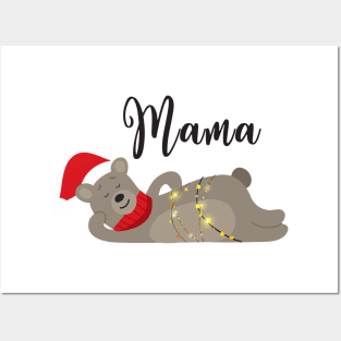 Mama Bear Christmas Pajamas TShirts Matching Santa Hat Lights Posters and Art